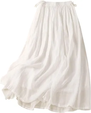 Women's Summer Boho Maxi Skirt Cotton Linen A-Line Flowy Ruffle Tiered Layered Elastic High Waist Beach Long Skirts
