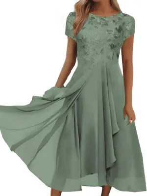 Women's Summer Chiffon Lace Dresses Short Sleeve Flowy Swing Maxi Dress Cocktail Party Wedding Guest Dresses