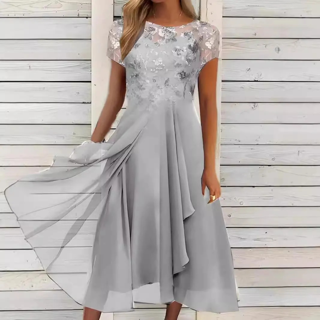 Women's Summer Chiffon Lace Dresses Short Sleeve Flowy Swing Maxi Dress Cocktail Party Wedding Guest Dresses