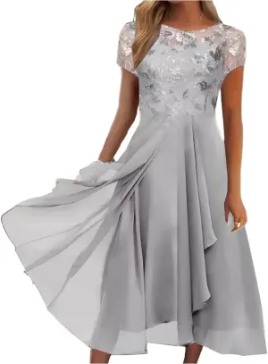 Women's Summer Chiffon Lace Dresses Short Sleeve Flowy Swing Maxi Dress Cocktail Party Wedding Guest Dresses