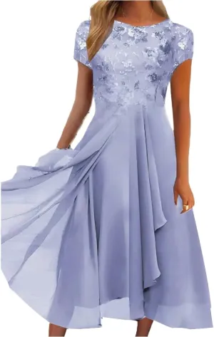 Women's Summer Chiffon Lace Dresses Short Sleeve Flowy Swing Maxi Dress Cocktail Party Wedding Guest Dresses
