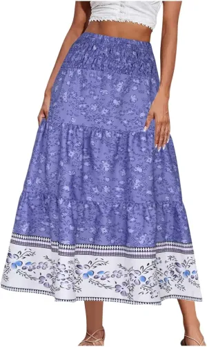 Women's Summer Midi Skirt Boho Floral Tiered Flowy Elastic High Waist A-Line Casual Skirts Beach Vacation Outfits