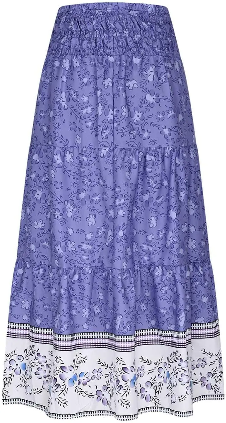 Women's Summer Midi Skirt Boho Floral Tiered Flowy Elastic High Waist A-Line Casual Skirts Beach Vacation Outfits