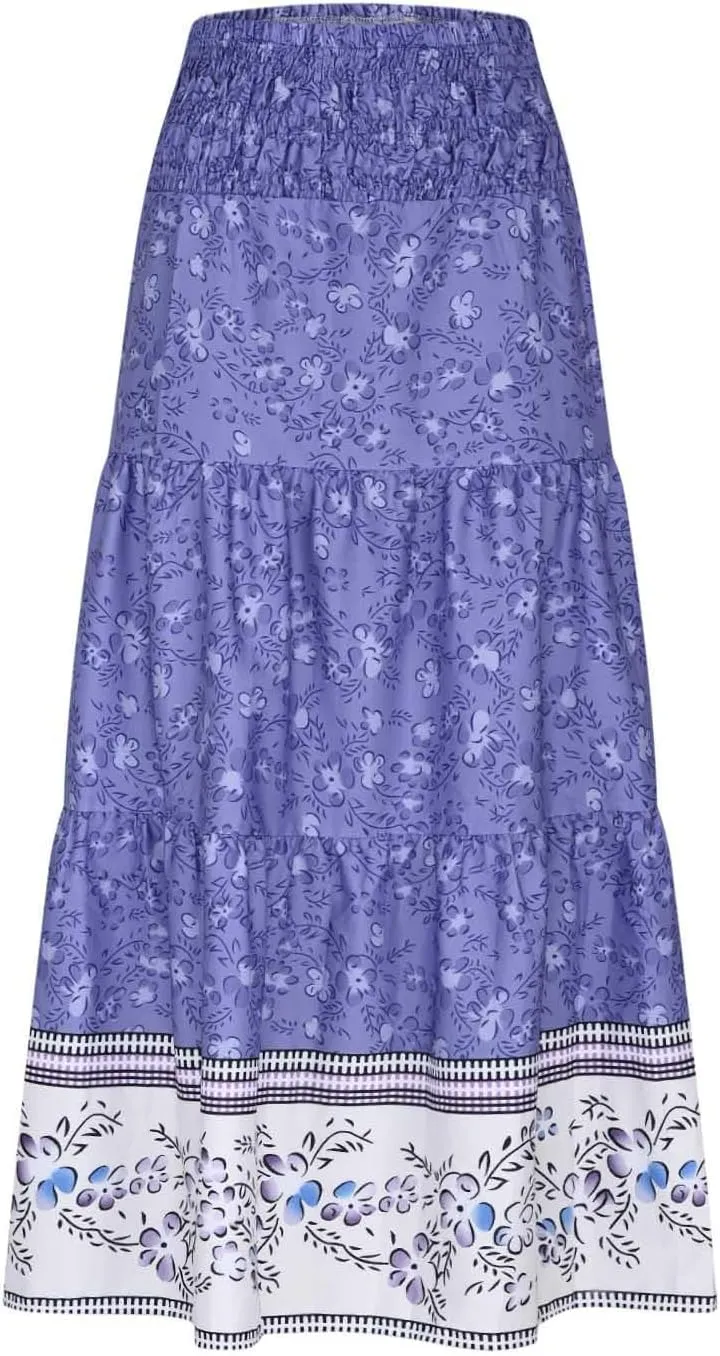 Women's Summer Midi Skirt Boho Floral Tiered Flowy Elastic High Waist A-Line Casual Skirts Beach Vacation Outfits