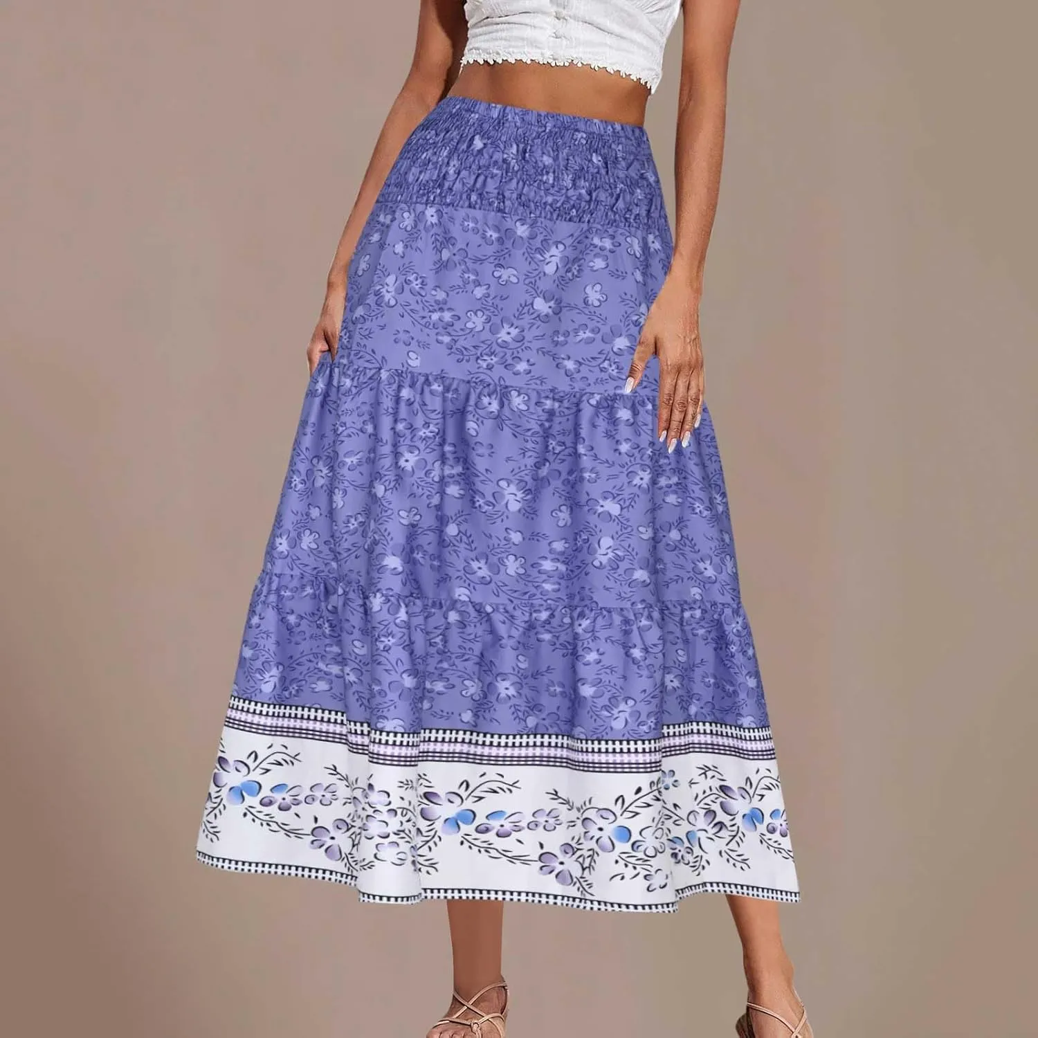 Women's Summer Midi Skirt Boho Floral Tiered Flowy Elastic High Waist A-Line Casual Skirts Beach Vacation Outfits
