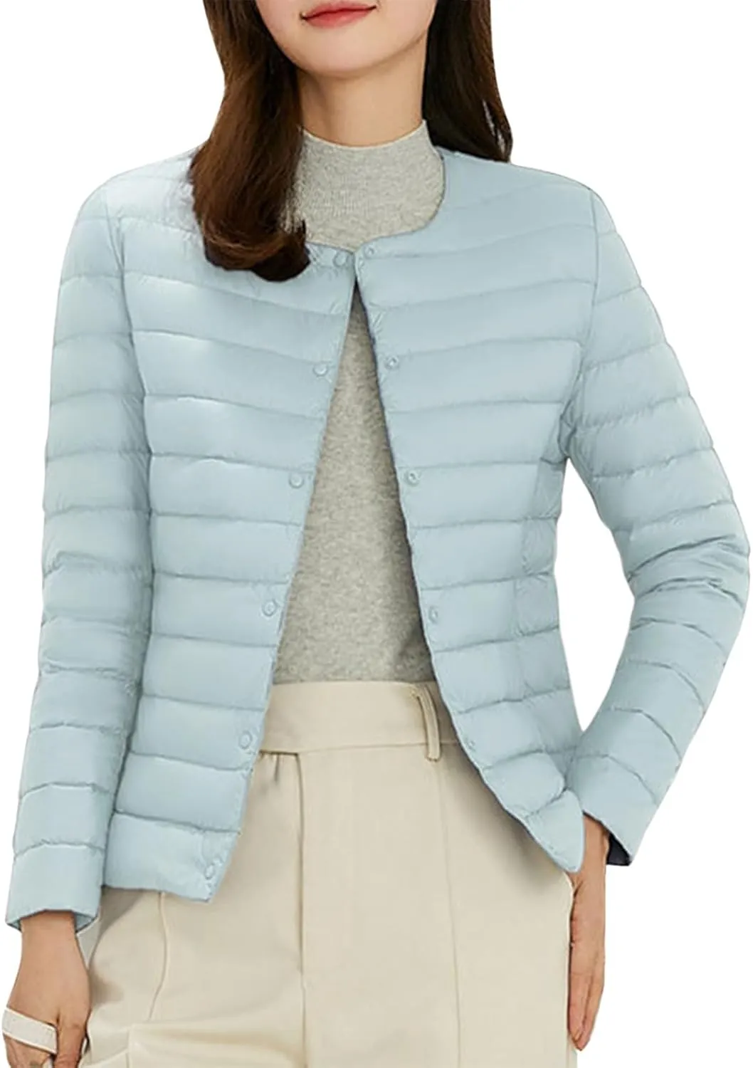 Women's Thin Down Jacket Classic Crewneck Puffer Solid Color Slim Fitting Coat 2023 Fall Winter Casual Comfy Thermal Outwear