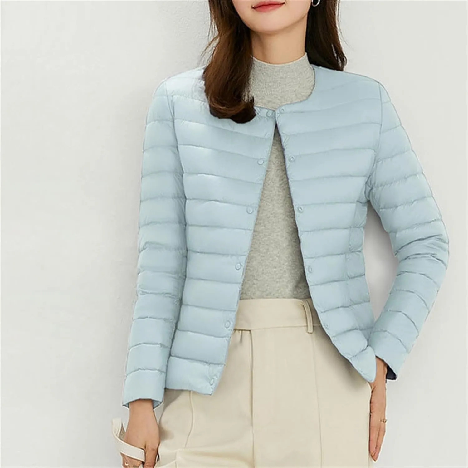 Women's Thin Down Jacket Classic Crewneck Puffer Solid Color Slim Fitting Coat 2023 Fall Winter Casual Comfy Thermal Outwear