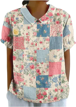 Womens Tops Shirts Short Sleeve T-Shirts Vintage Print Boho Linen Tops Casual Dressy Tunic Summer Tops for Women 2024