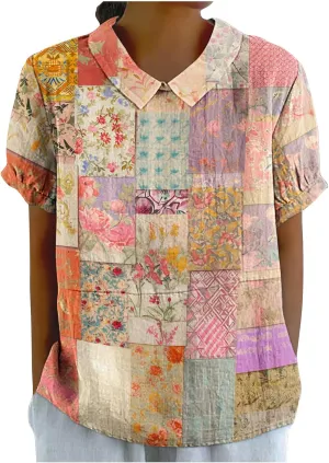 Womens Tops Shirts Short Sleeve T-Shirts Vintage Print Boho Linen Tops Casual Dressy Tunic Summer Tops for Women 2024