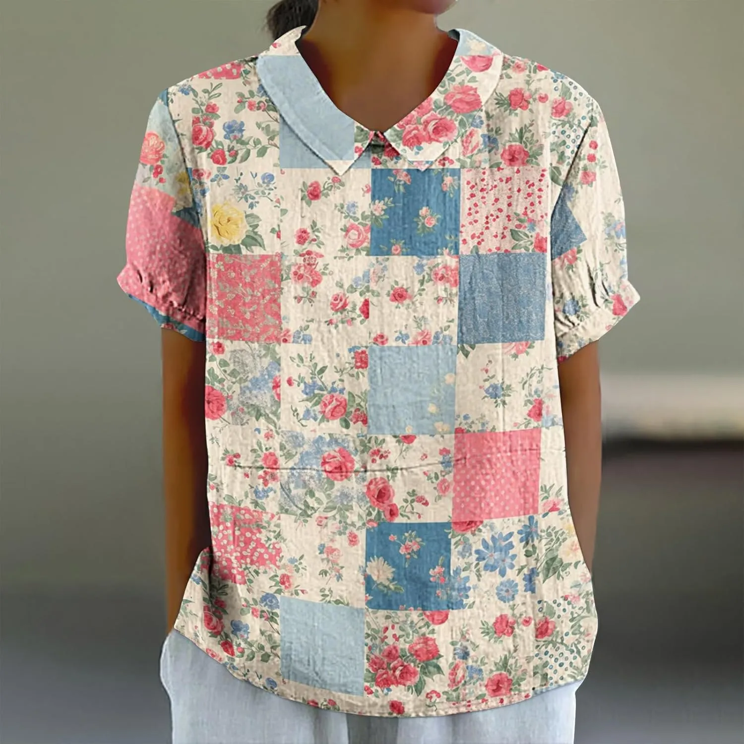 Womens Tops Shirts Short Sleeve T-Shirts Vintage Print Boho Linen Tops Casual Dressy Tunic Summer Tops for Women 2024