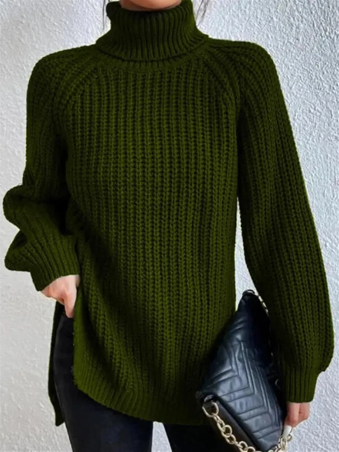 Women's Turtleneck Knitted Casual Sweater, Loose Side Slit Pullover Sweater, Retro Chic Oversized Knitted Top