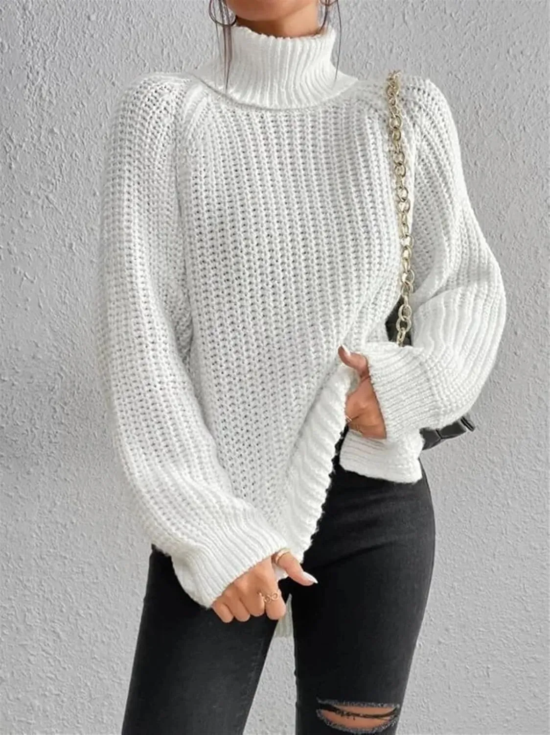 Women's Turtleneck Knitted Casual Sweater, Loose Side Slit Pullover Sweater, Retro Chic Oversized Knitted Top