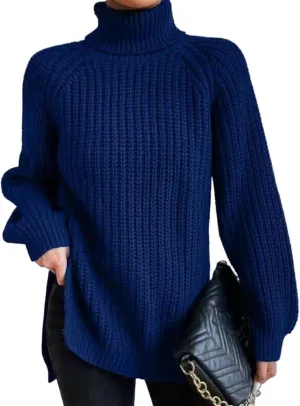 Women's Turtleneck Knitted Casual Sweater, Loose Side Slit Pullover Sweater, Retro Chic Oversized Knitted Top
