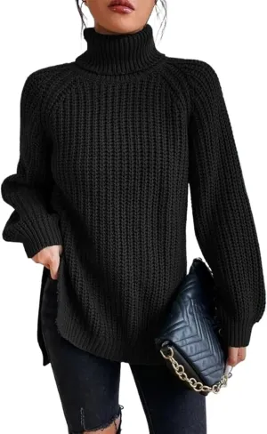 Women's Turtleneck Knitted Casual Sweater, Loose Side Slit Pullover Sweater, Retro Chic Oversized Knitted Top