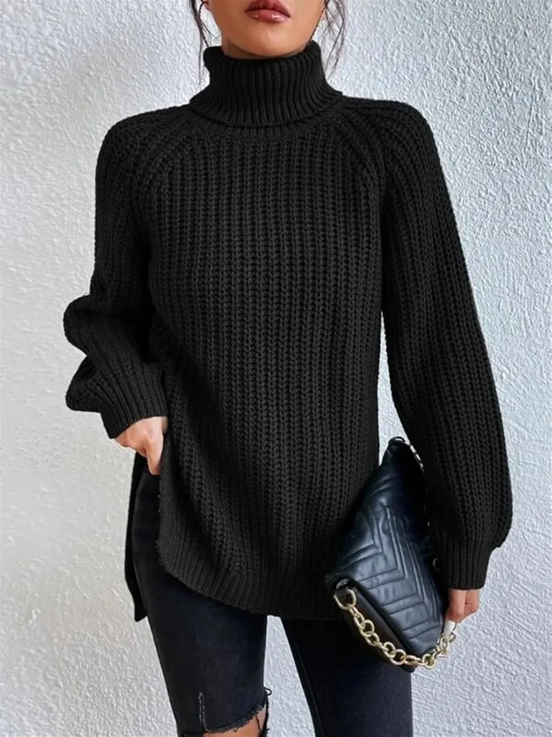 Women's Turtleneck Knitted Casual Sweater, Loose Side Slit Pullover Sweater, Retro Chic Oversized Knitted Top