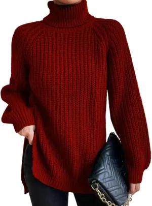 Women's Turtleneck Knitted Casual Sweater, Loose Side Slit Pullover Sweater, Retro Chic Oversized Knitted Top