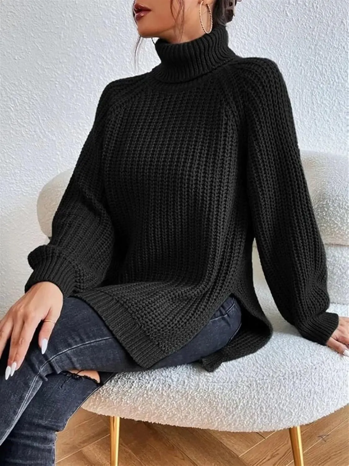 Women's Turtleneck Knitted Casual Sweater, Loose Side Slit Pullover Sweater, Retro Chic Oversized Knitted Top