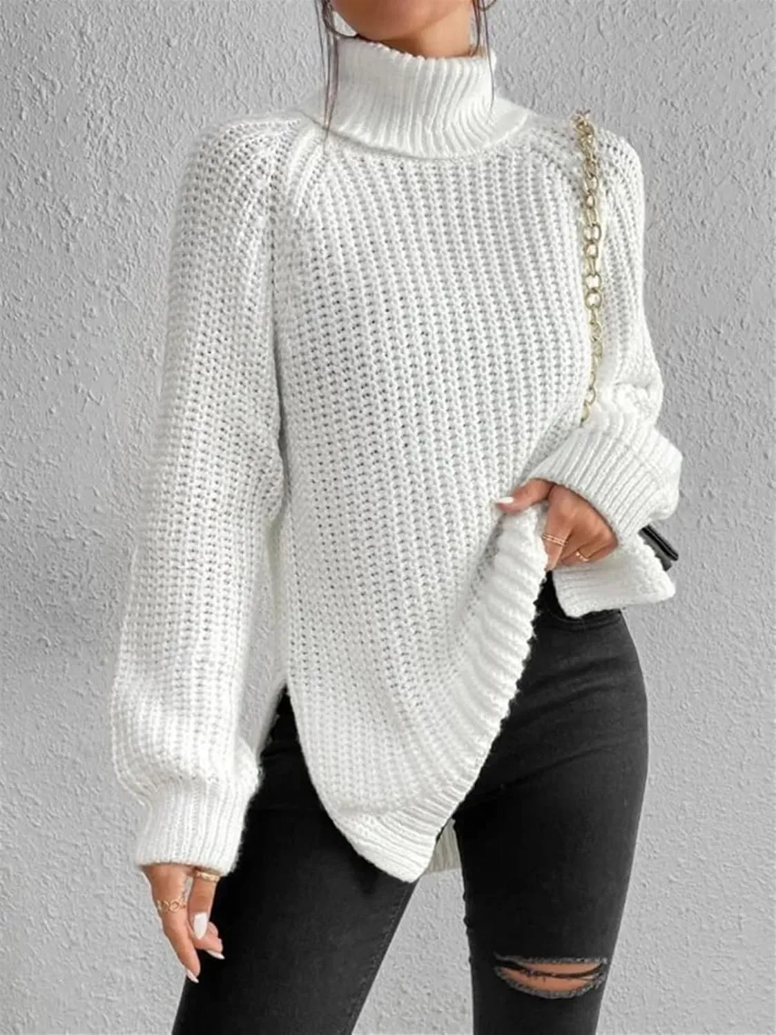Women's Turtleneck Knitted Casual Sweater, Loose Side Slit Pullover Sweater, Retro Chic Oversized Knitted Top