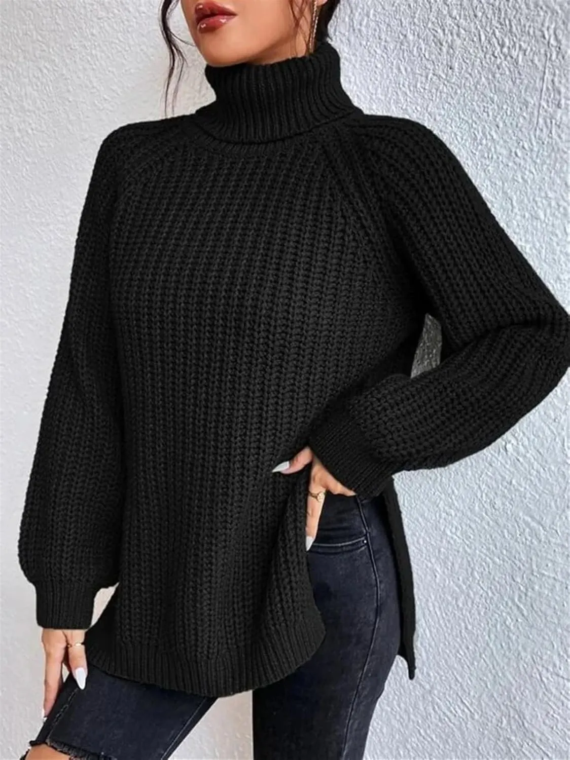 Women's Turtleneck Knitted Casual Sweater, Loose Side Slit Pullover Sweater, Retro Chic Oversized Knitted Top