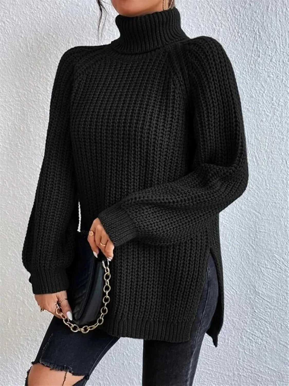 Women's Turtleneck Knitted Casual Sweater, Loose Side Slit Pullover Sweater, Retro Chic Oversized Knitted Top