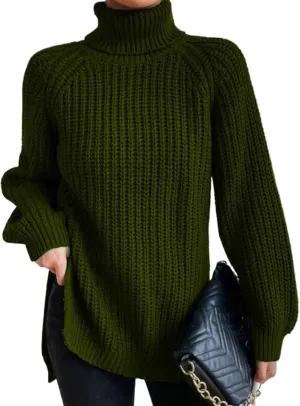 Women's Turtleneck Knitted Casual Sweater, Loose Side Slit Pullover Sweater, Retro Chic Oversized Knitted Top