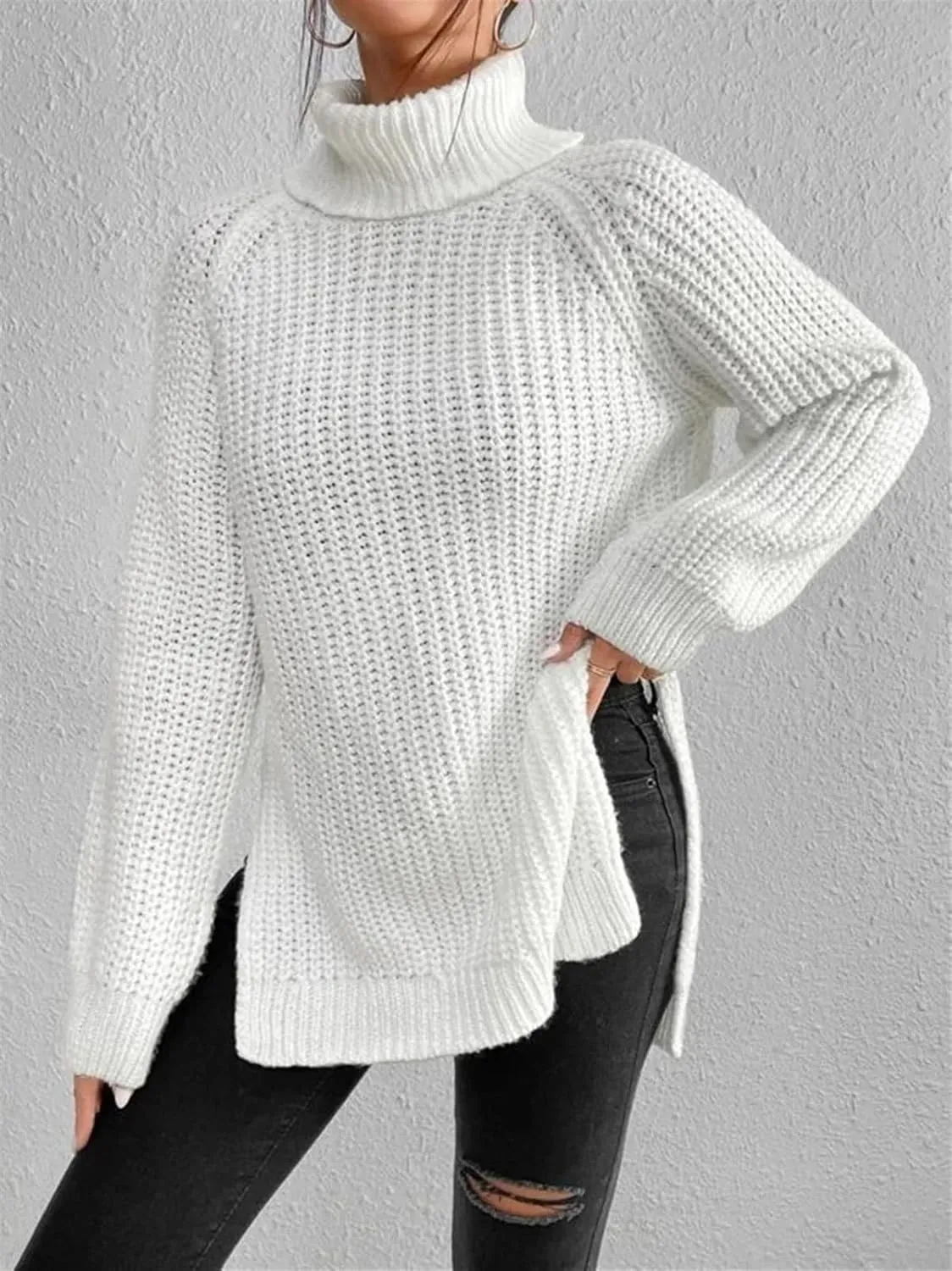 Women's Turtleneck Knitted Casual Sweater, Loose Side Slit Pullover Sweater, Retro Chic Oversized Knitted Top