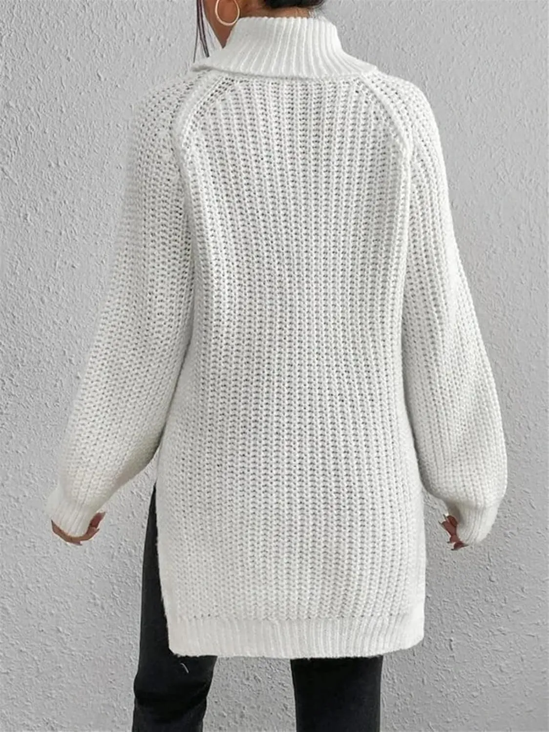 Women's Turtleneck Knitted Casual Sweater, Loose Side Slit Pullover Sweater, Retro Chic Oversized Knitted Top