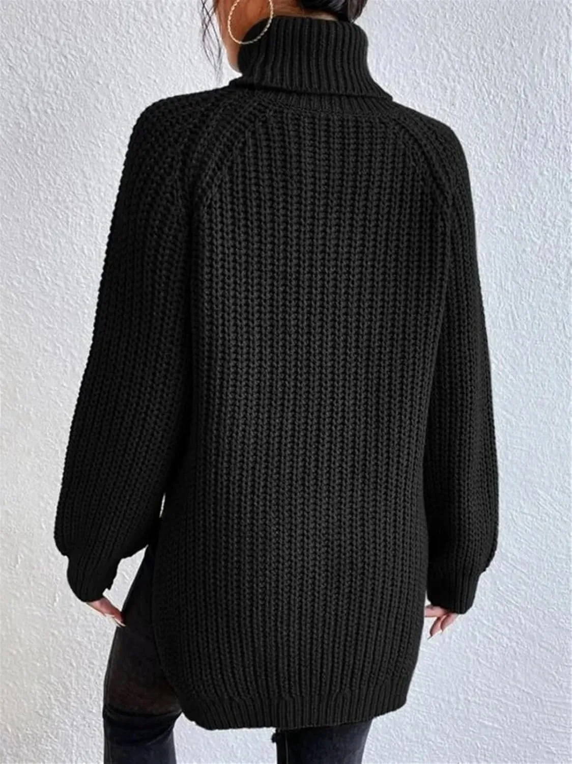 Women's Turtleneck Knitted Casual Sweater, Loose Side Slit Pullover Sweater, Retro Chic Oversized Knitted Top