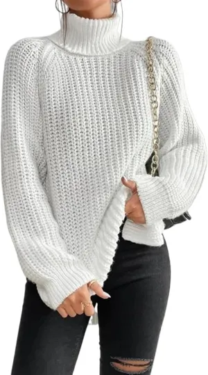 Women's Turtleneck Knitted Casual Sweater, Loose Side Slit Pullover Sweater, Retro Chic Oversized Knitted Top