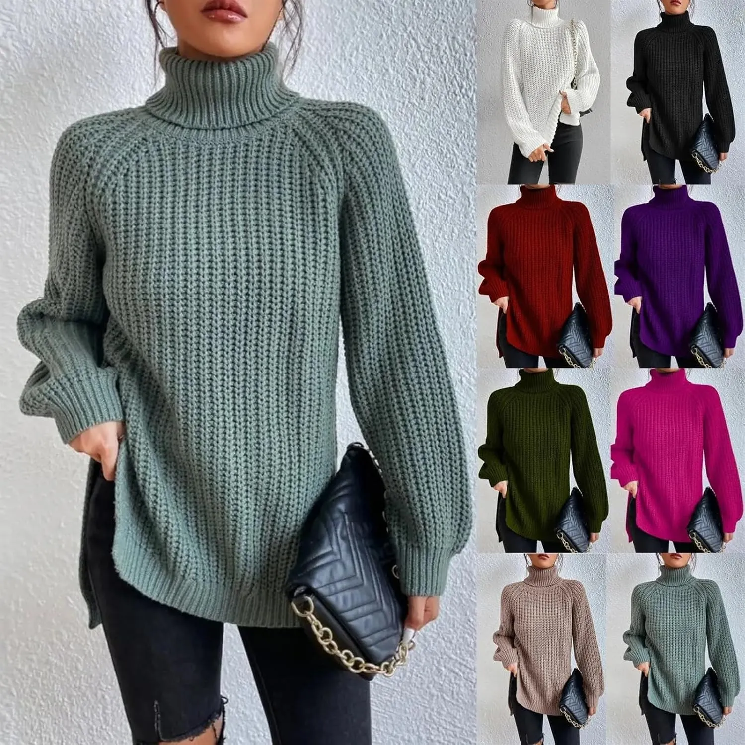 Women's Turtleneck Knitted Casual Sweater, Loose Side Slit Pullover Sweater, Retro Chic Oversized Knitted Top