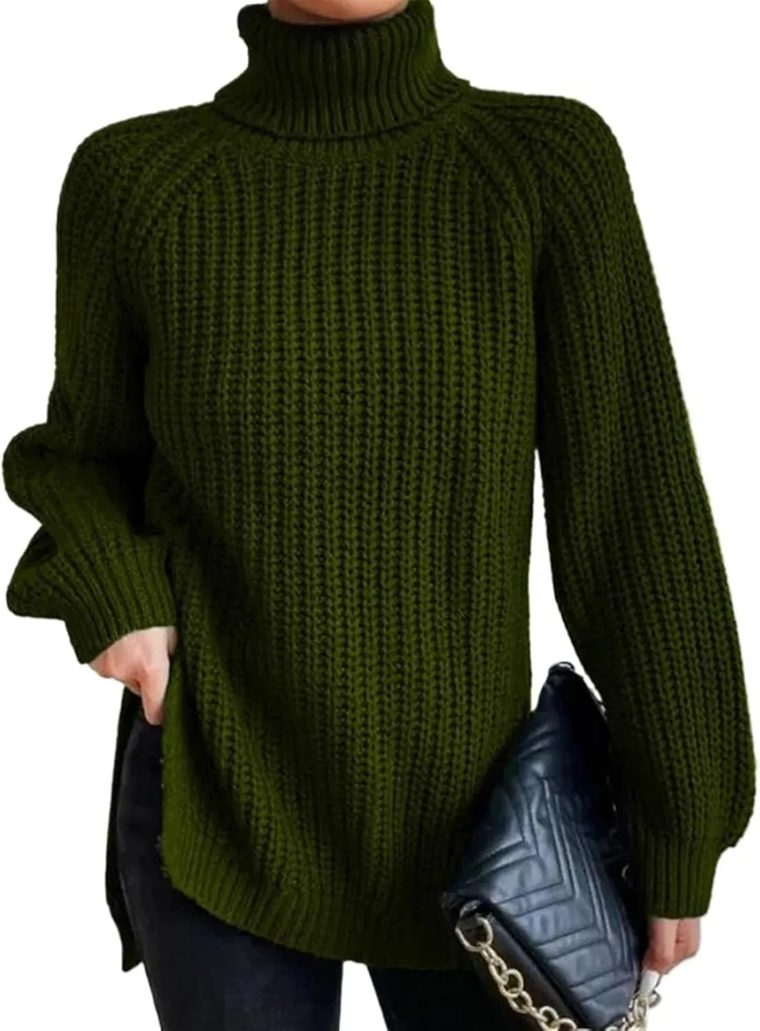 Women's Turtleneck Knitted Casual Sweater, Loose Side Slit Pullover Sweater, Retro Chic Oversized Knitted Top