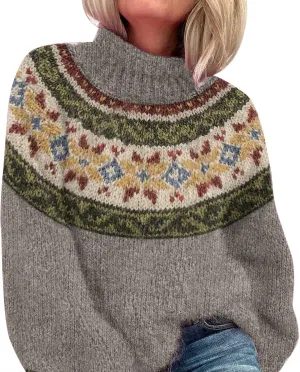 Womens Turtleneck Knitted Fair Isle Print Retro Sweater Long Sleeve Oversized Pullover Fall Sweaters for Women 2025