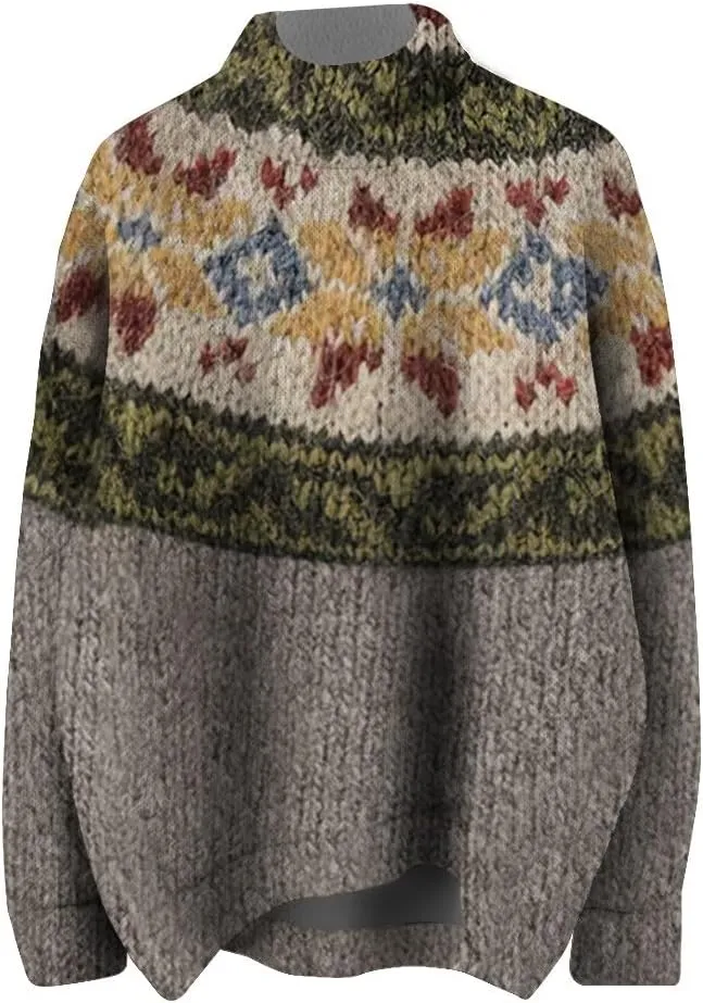 Womens Turtleneck Knitted Fair Isle Print Retro Sweater Long Sleeve Oversized Pullover Fall Sweaters for Women 2025