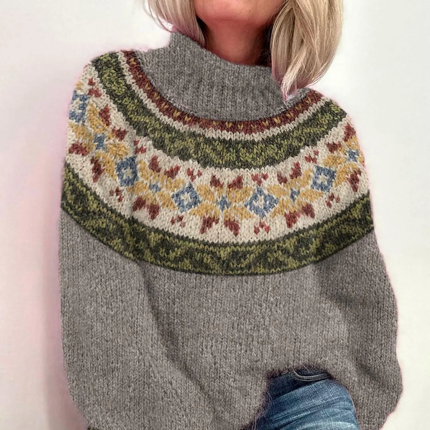 Womens Turtleneck Knitted Fair Isle Print Retro Sweater Long Sleeve Oversized Pullover Fall Sweaters for Women 2025