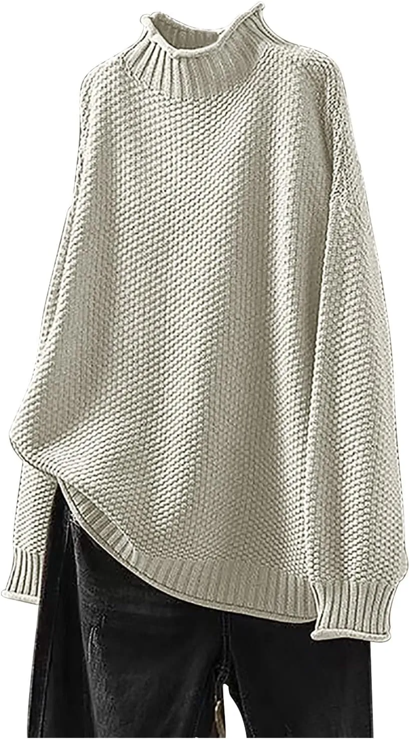 Women's Turtleneck Retro Sweater Chunky Crewneck Long Sleeve Knitted Pullover Sweaters Oversized Fall Basic Top