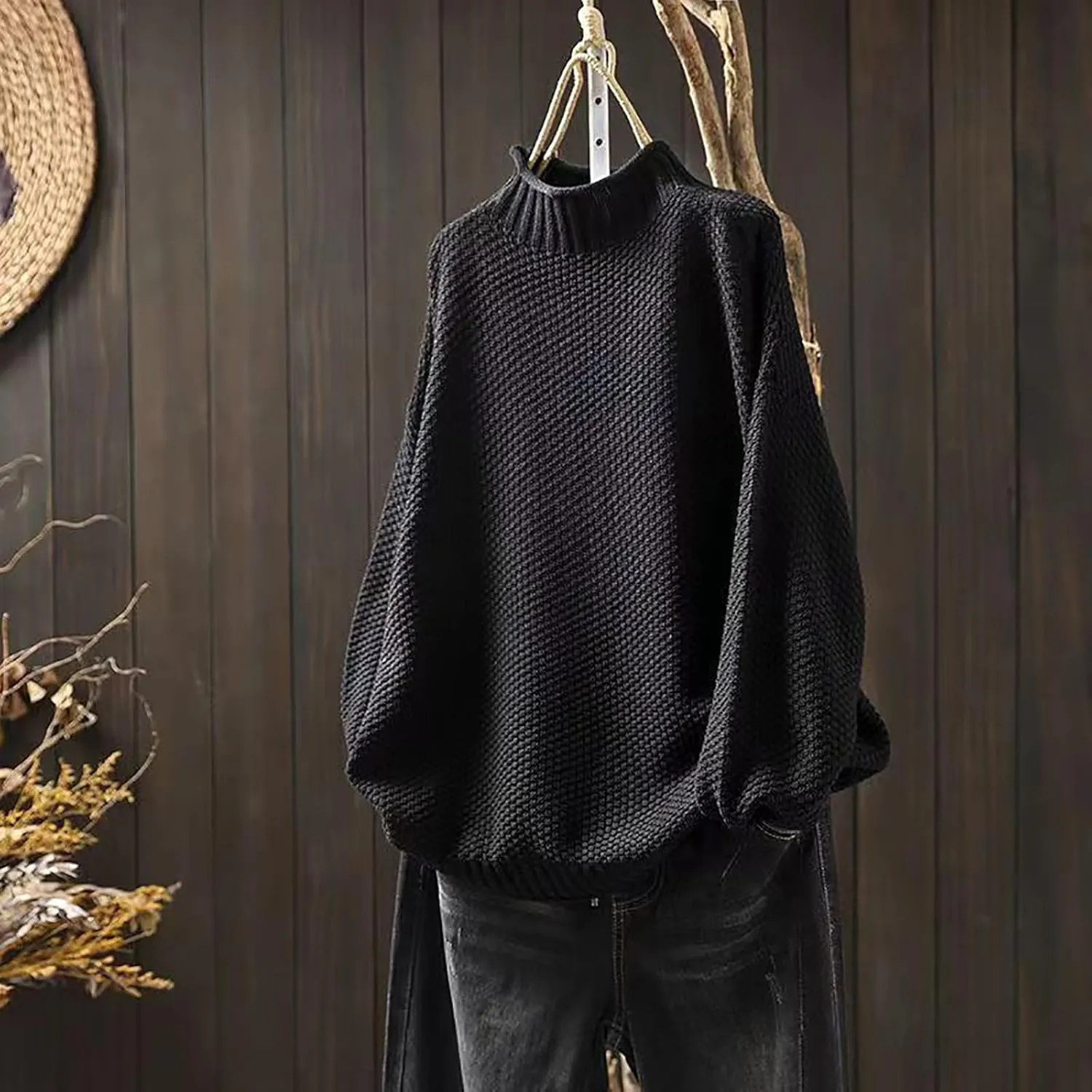 Women's Turtleneck Retro Sweater Chunky Crewneck Long Sleeve Knitted Pullover Sweaters Oversized Fall Basic Top
