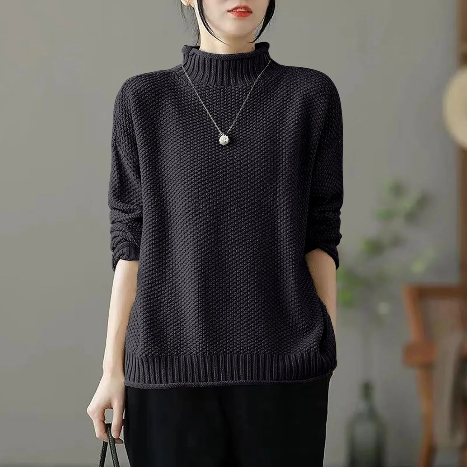 Women's Turtleneck Retro Sweater Chunky Crewneck Long Sleeve Knitted Pullover Sweaters Oversized Fall Basic Top