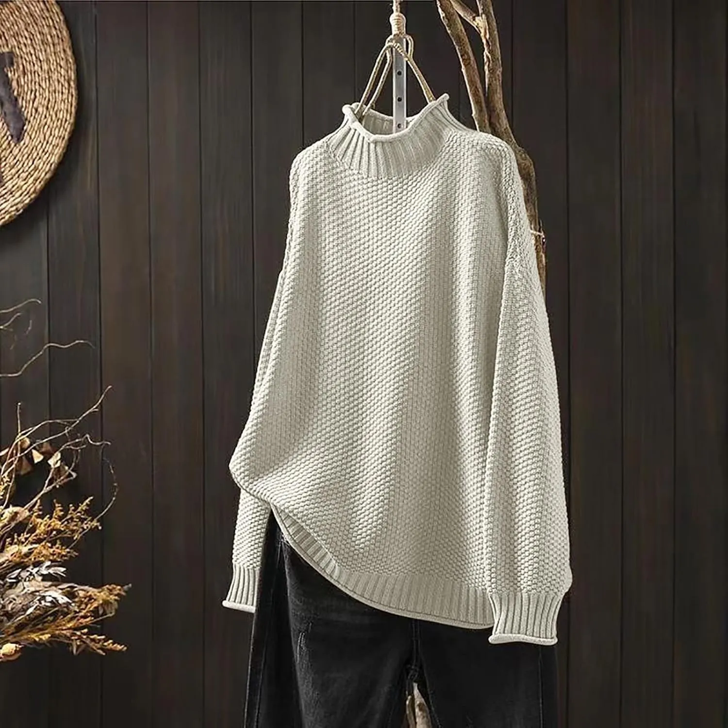 Women's Turtleneck Retro Sweater Chunky Crewneck Long Sleeve Knitted Pullover Sweaters Oversized Fall Basic Top
