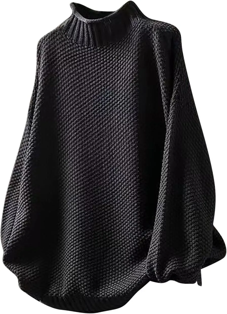 Women's Turtleneck Retro Sweater Chunky Crewneck Long Sleeve Knitted Pullover Sweaters Oversized Fall Basic Top