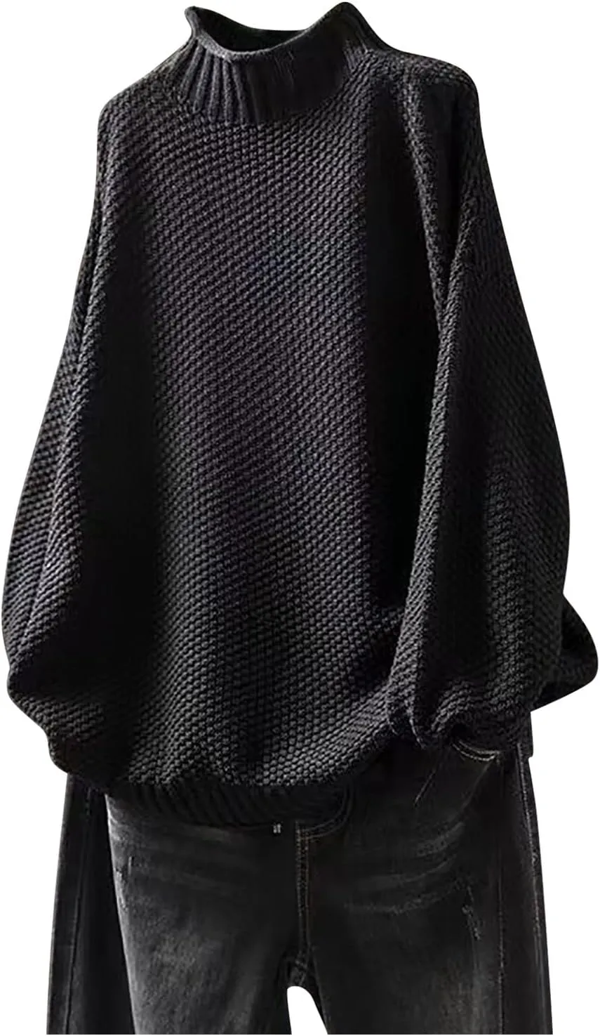 Women's Turtleneck Retro Sweater Chunky Crewneck Long Sleeve Knitted Pullover Sweaters Oversized Fall Basic Top