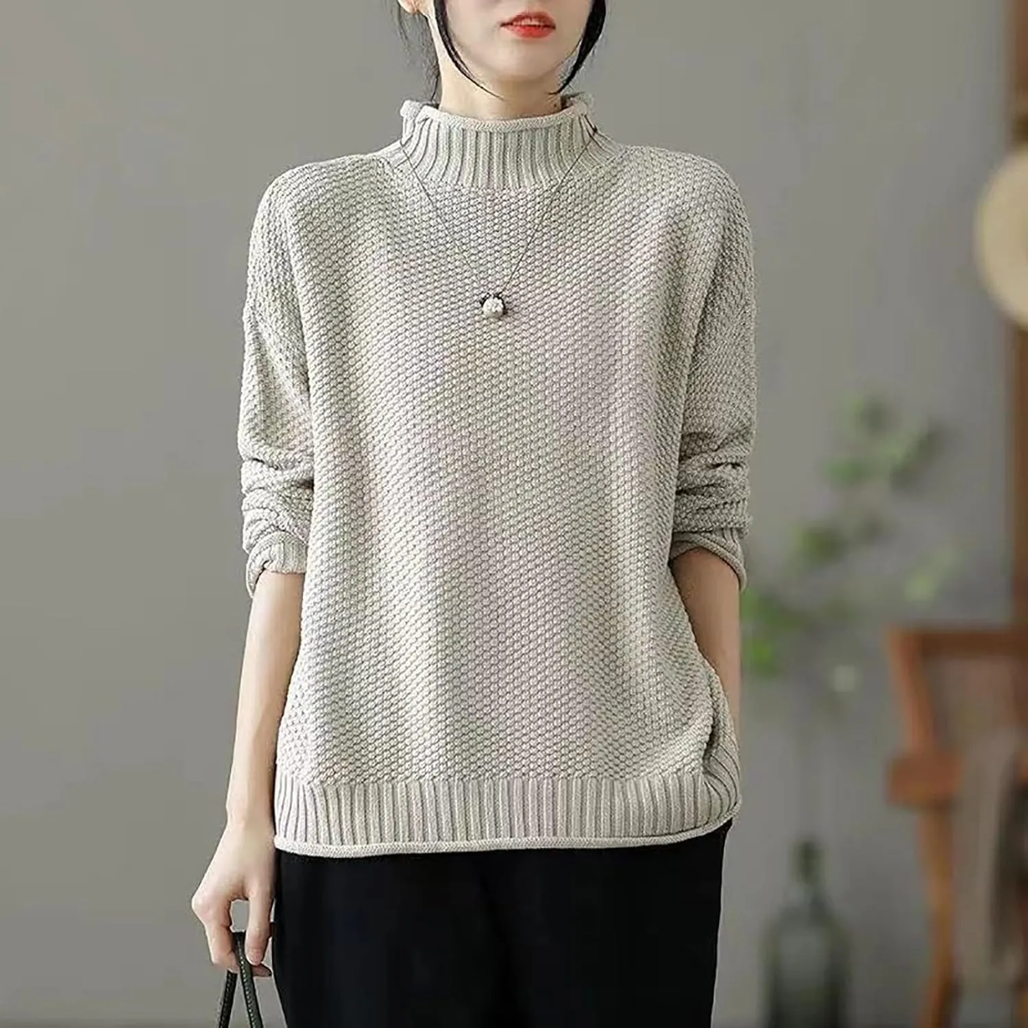 Women's Turtleneck Retro Sweater Chunky Crewneck Long Sleeve Knitted Pullover Sweaters Oversized Fall Basic Top