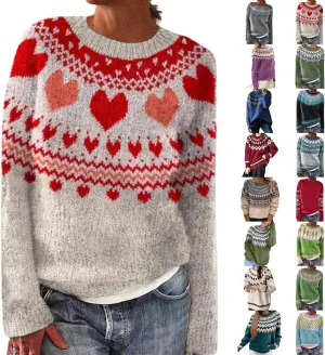 Womens Valentines Day Knitted Fair Isle Print Retro Sweater Long Sleeve Crewneck Sweater Fall Sweaters for Women 2024