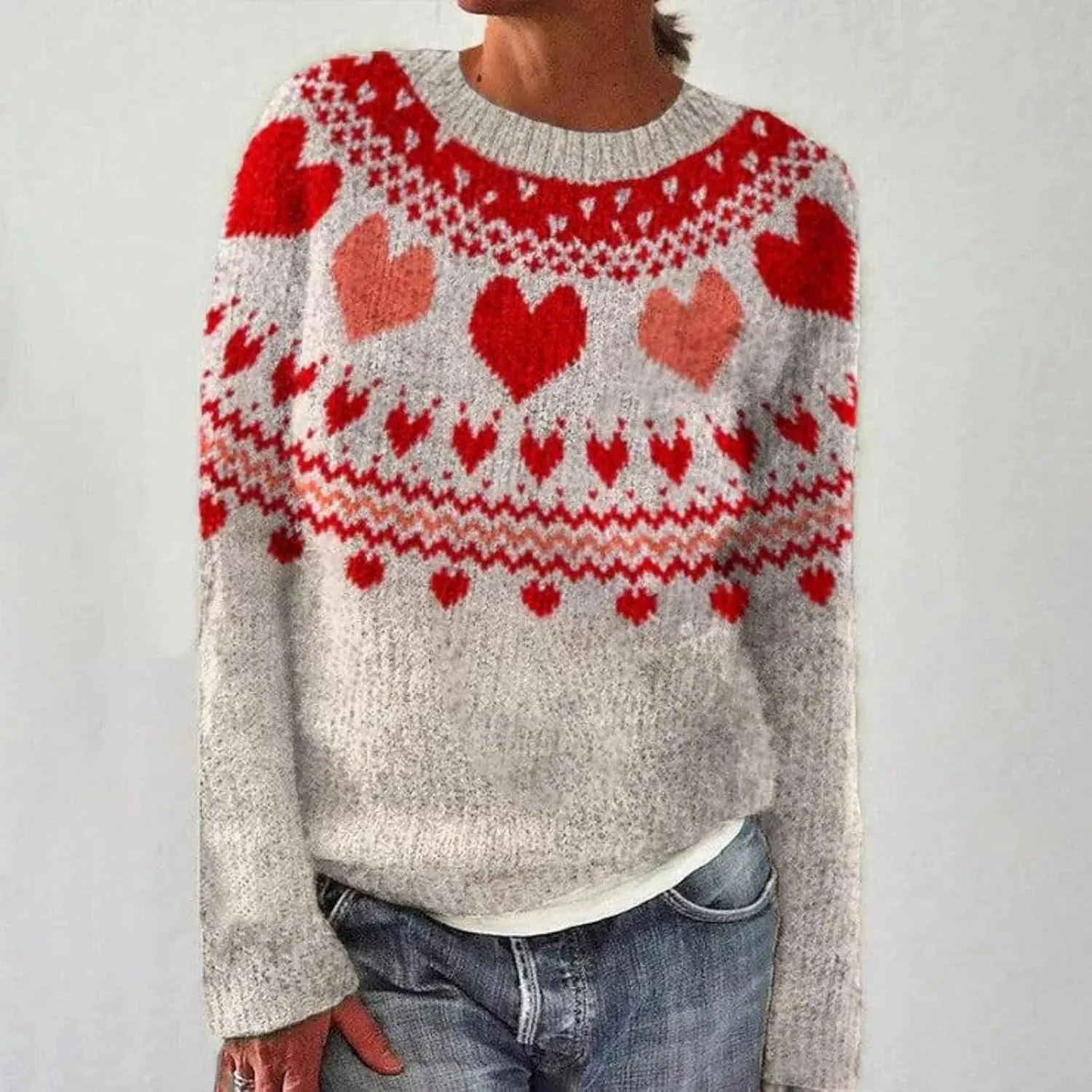 Womens Valentines Day Knitted Fair Isle Print Retro Sweater Long Sleeve Crewneck Sweater Fall Sweaters for Women 2024