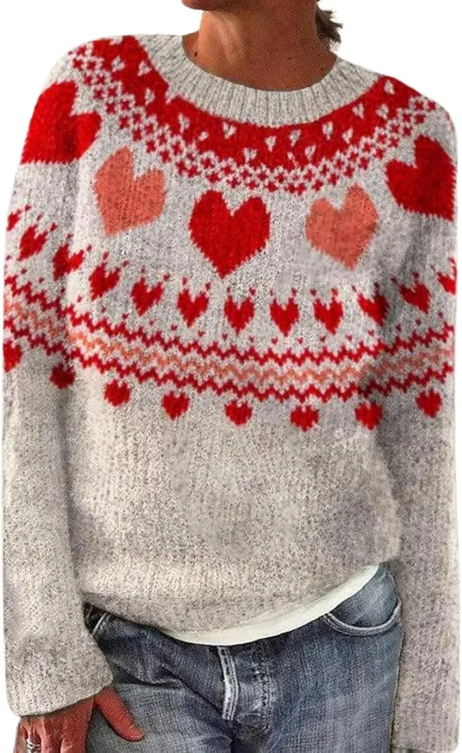 Womens Valentines Day Knitted Fair Isle Print Retro Sweater Long Sleeve Crewneck Sweater Fall Sweaters for Women 2024