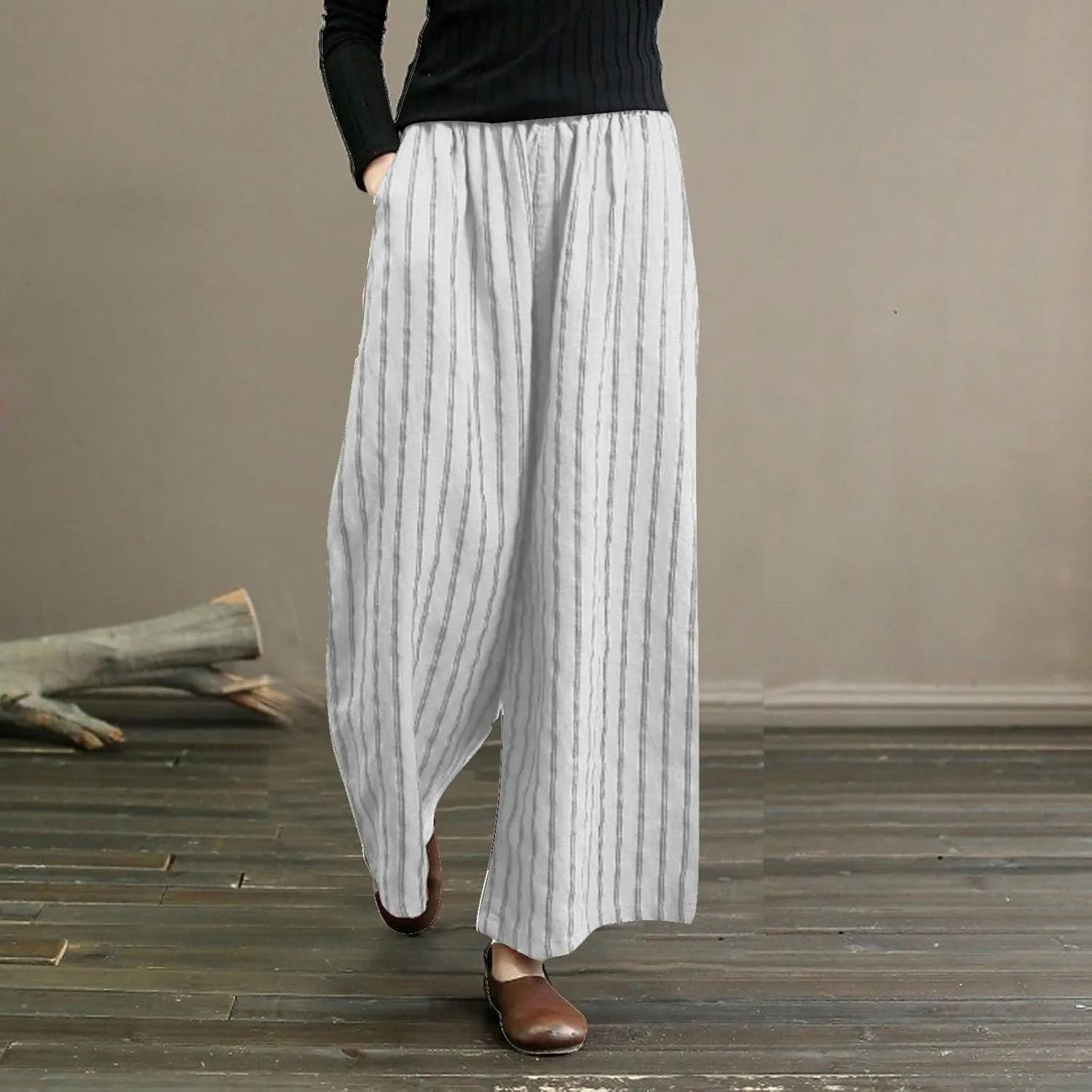 Women's Wide Leg Palazzo Pants Summer Casual Elastic Waist Capri Trousers Comfy Fashion Y2k Stripe Straight Leg Pants