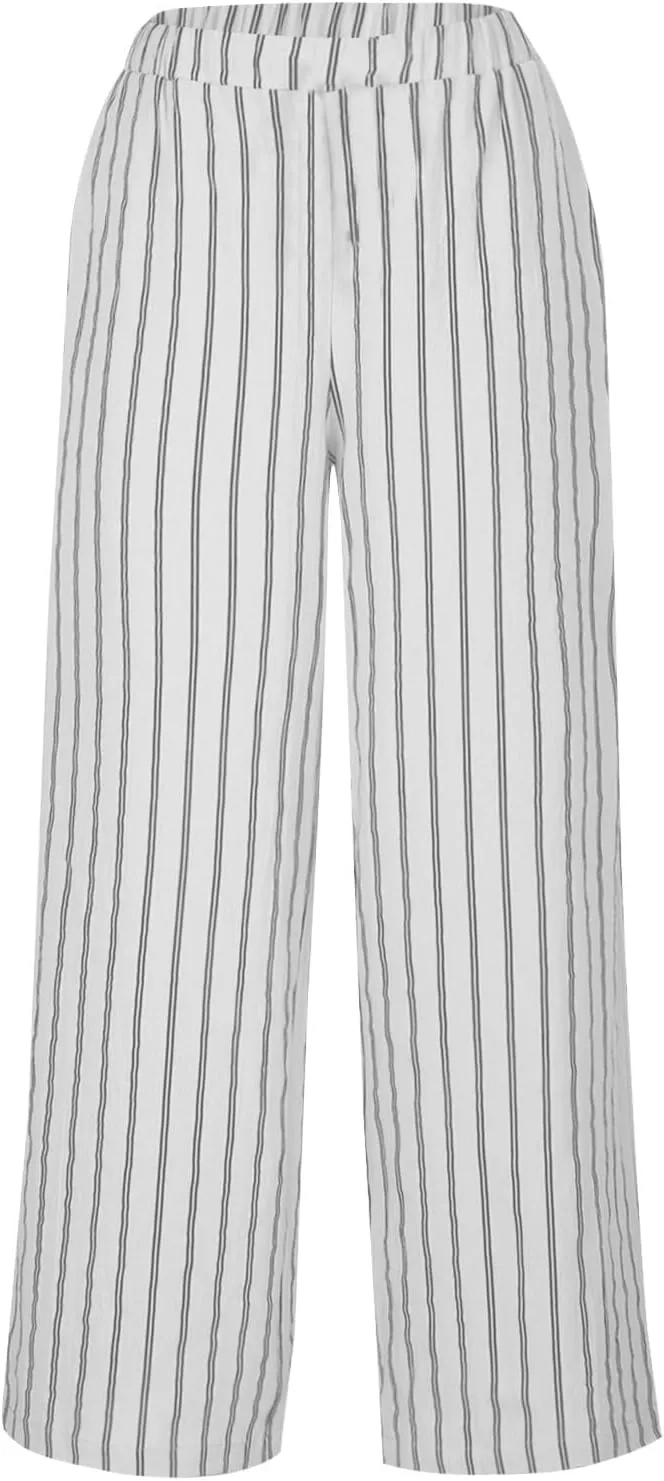 Women's Wide Leg Palazzo Pants Summer Casual Elastic Waist Capri Trousers Comfy Fashion Y2k Stripe Straight Leg Pants