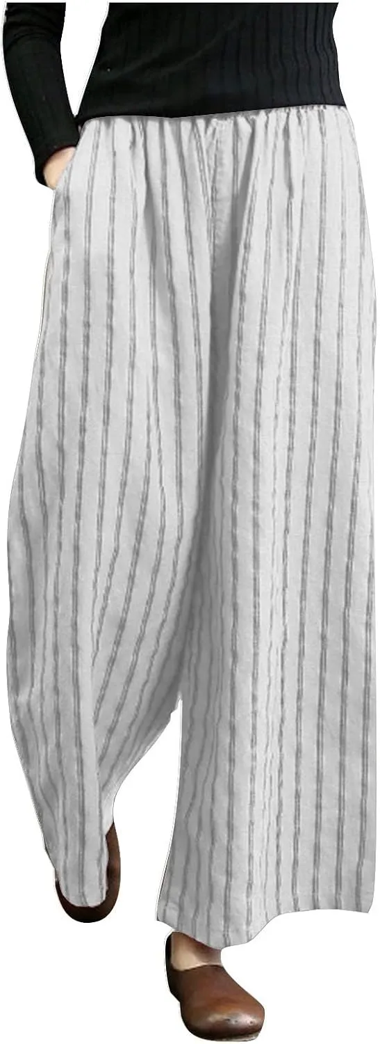 Women's Wide Leg Palazzo Pants Summer Casual Elastic Waist Capri Trousers Comfy Fashion Y2k Stripe Straight Leg Pants
