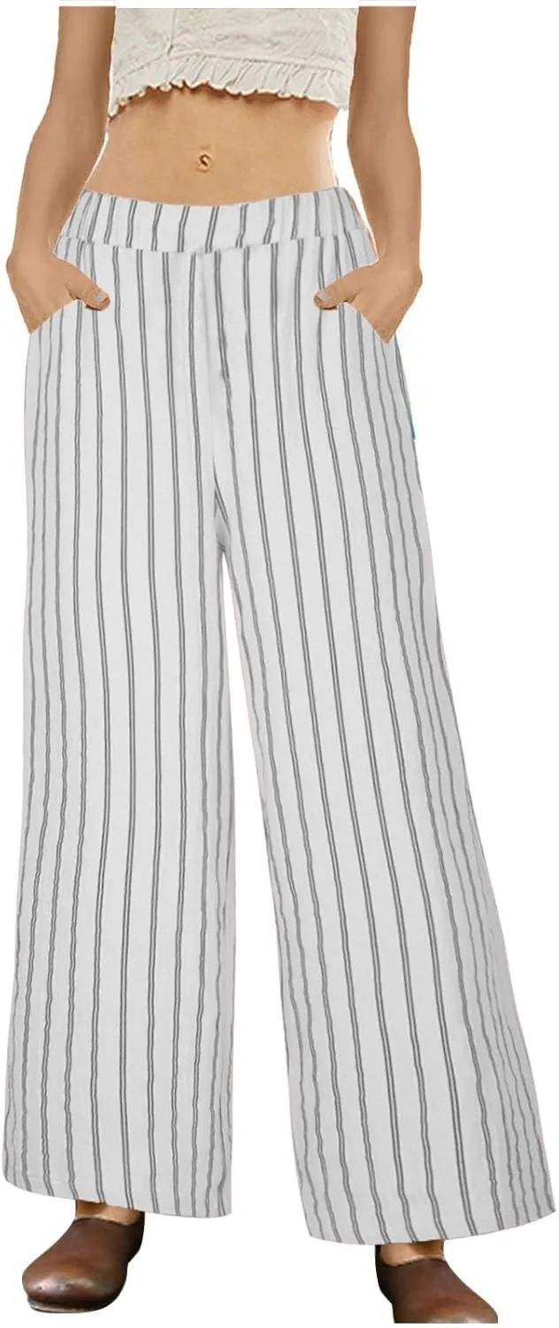 Women's Wide Leg Palazzo Pants Summer Casual Elastic Waist Capri Trousers Comfy Fashion Y2k Stripe Straight Leg Pants