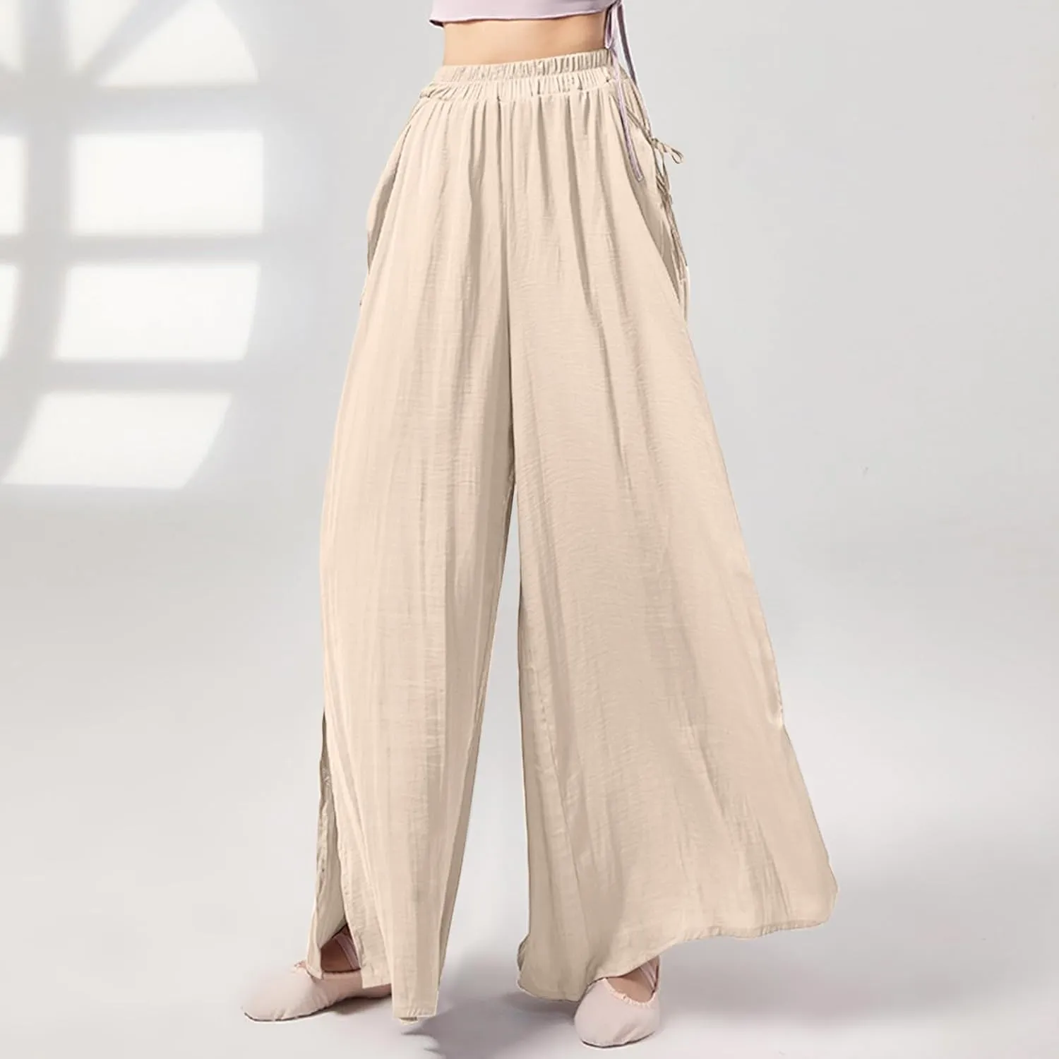 Women's Wide Leg Pants Casual Pleated Split Straight Leg Dance Pants Loose Palazzo Pants Leggings Yoga Flowy Trousers