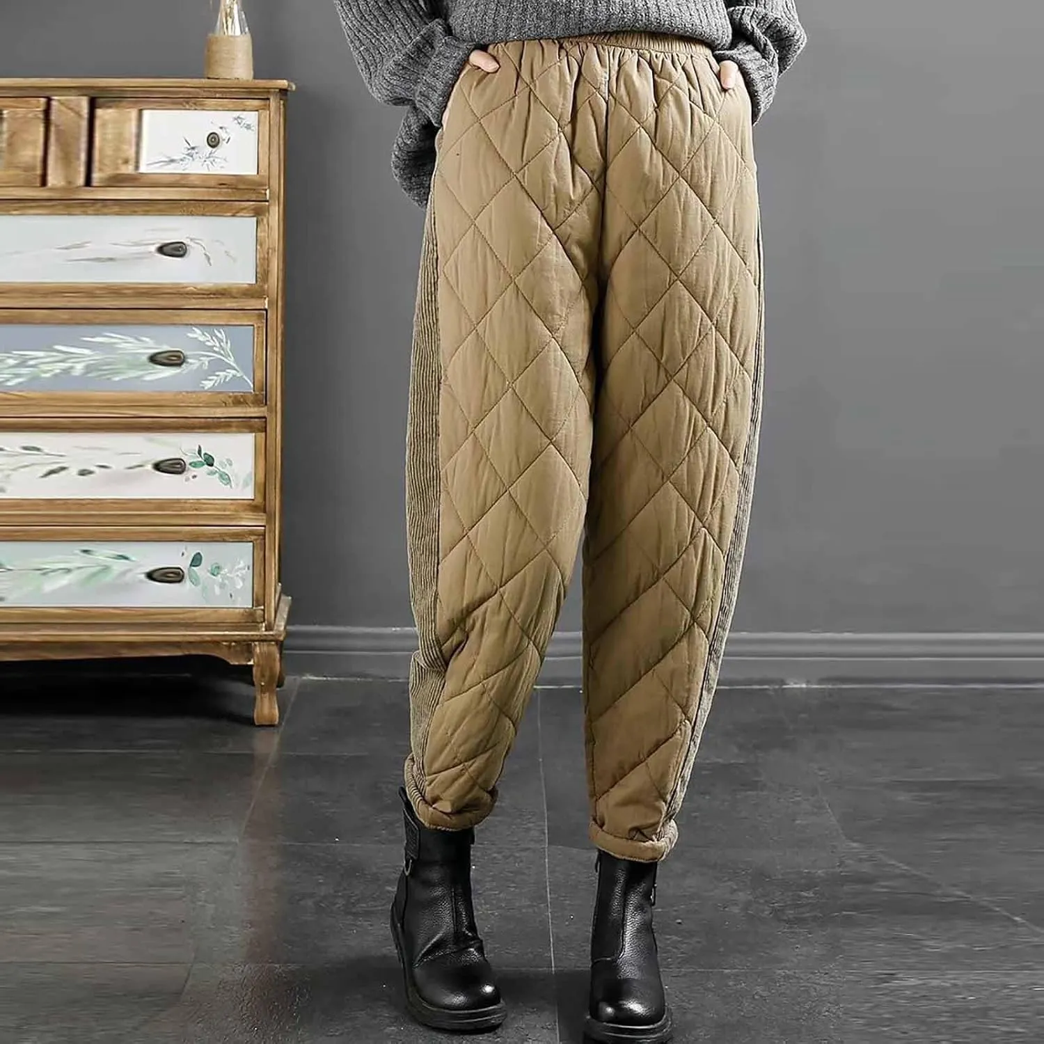 Women's Winter Quilted Pants Down Cotton Pants Elastic Waist Oversized Trousers Loose Outdoor Padded Warm Casual Pants